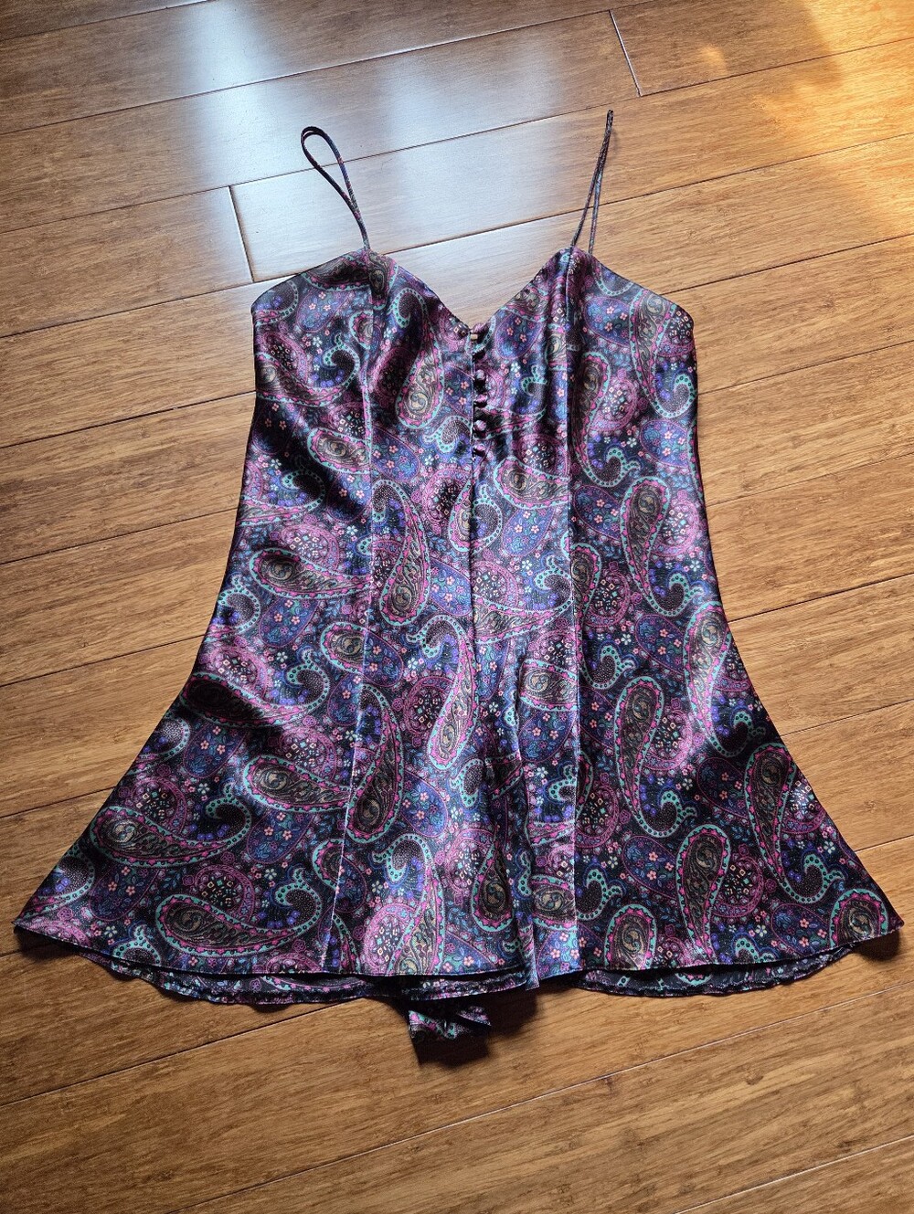 Vintage Cacique Paisley Satin Teddy Romper Lingerie Bodysuit Size 8 Y2K 90s